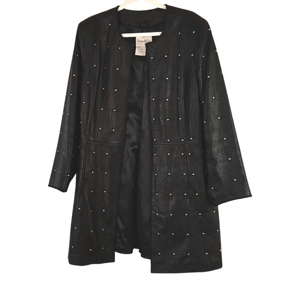 Pamela McCoy Black Genuine Leather & Stud Detailing Smart Long Leather Jacket - Picture 2 of 7